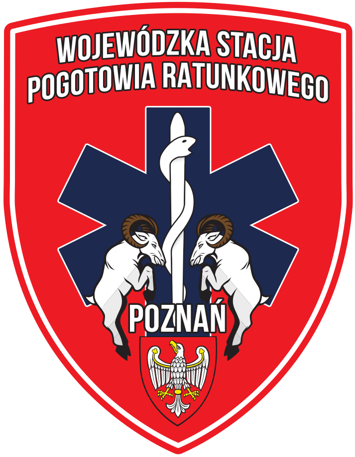 Godło w kształcie czerwonej tarczy z niebieską gwiazdą życia, białym wężem na lasce, dwoma białymi koziołkami, napisem "POZNAŃ" i polskim tekstem Wojewódzkiej Stacji Pogotowia Ratunkowego. U dołu znajduje się herb z orłem.