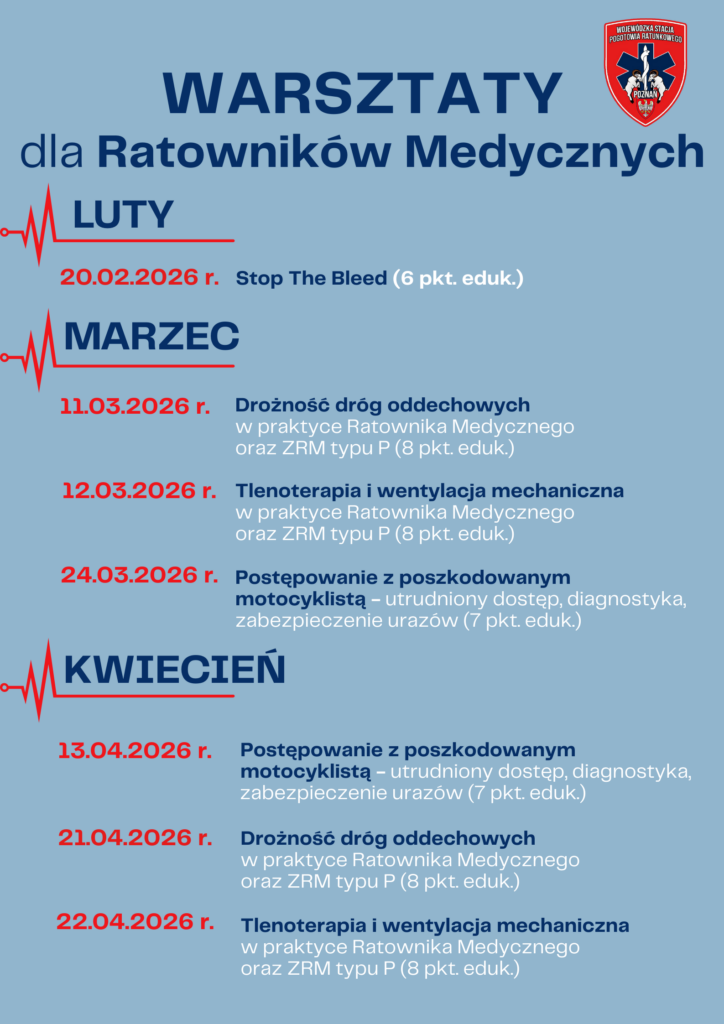 Plakat informacyjny dotyczący warsztat&oacute;w ratownictwa medycznego w Polsce, z datami, tematami i punktami edukacyjnymi na luty, marzec i kwiecień 2026 r. Zawiera czerwono-niebieski wz&oacute;r z emblematem organizacji w prawym g&oacute;rnym rogu.