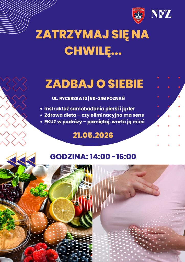 Polskojęzyczny plakat z poradami zdrowotnymi dla kobiet, przedstawiający owoce i warzywa, kobietę trzymającą brzuch w ciąży, ilustrację badania piersi oraz szczegóły wydarzenia dotyczącego sesji zdrowotnej 21 maja 2026 r. w Poznaniu.